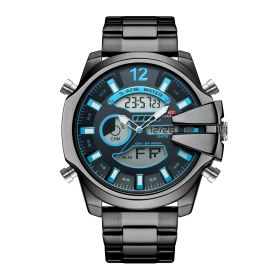 New Men's Double Display Alarm Clock Led Sports Steel Watch Waterproof (Option: Black blue)